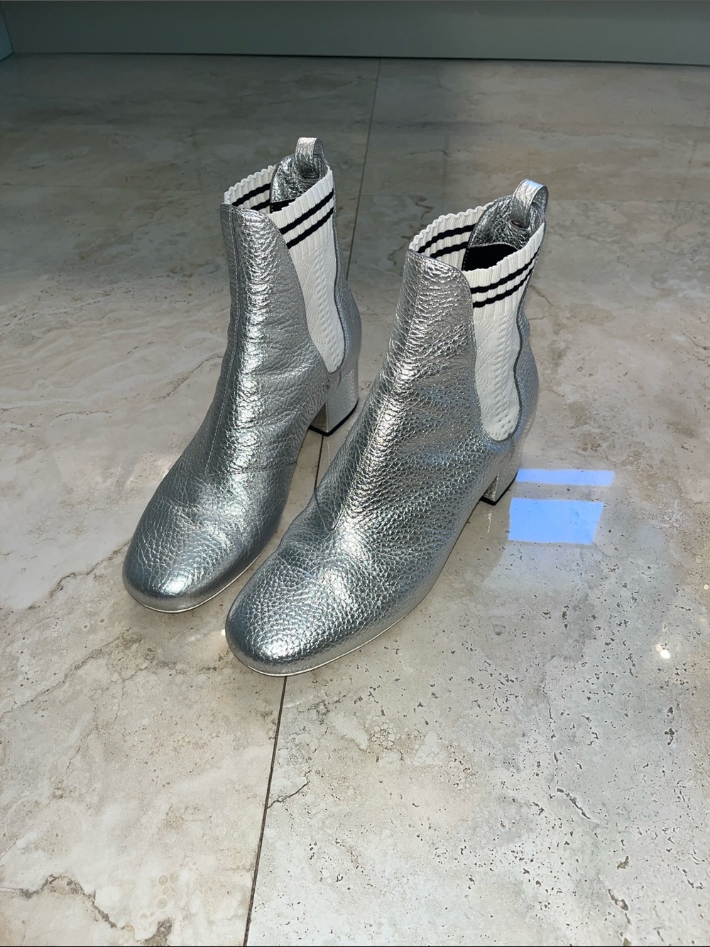 Fendi Metallic Silver Women’s Ankle Boots with Knit Detail